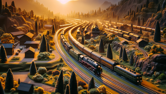 realistic model train scene with detailed tracks, locomotives, and lush miniature scenery