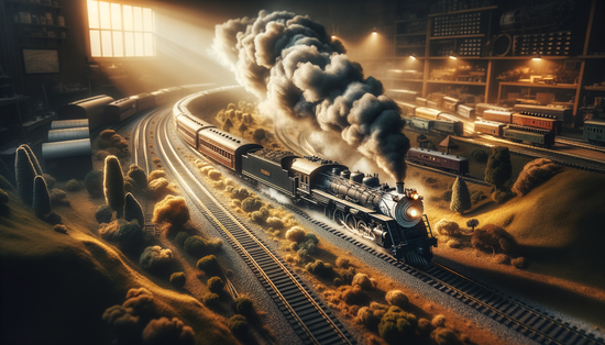 detailed model locomotive pulling realistic railcars through immersive miniature scenery on track