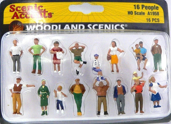 HO scale 16-piece figure set by Micro-Mark Woodland Scenics for model train layouts, featuring detailed miniature characters.