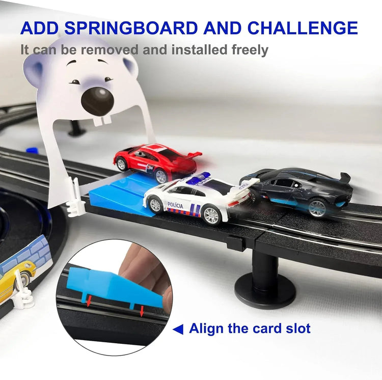 AGM MASETCH high-speed dual track slot car racing set with four licensed vehicles and detailed racing track layout.