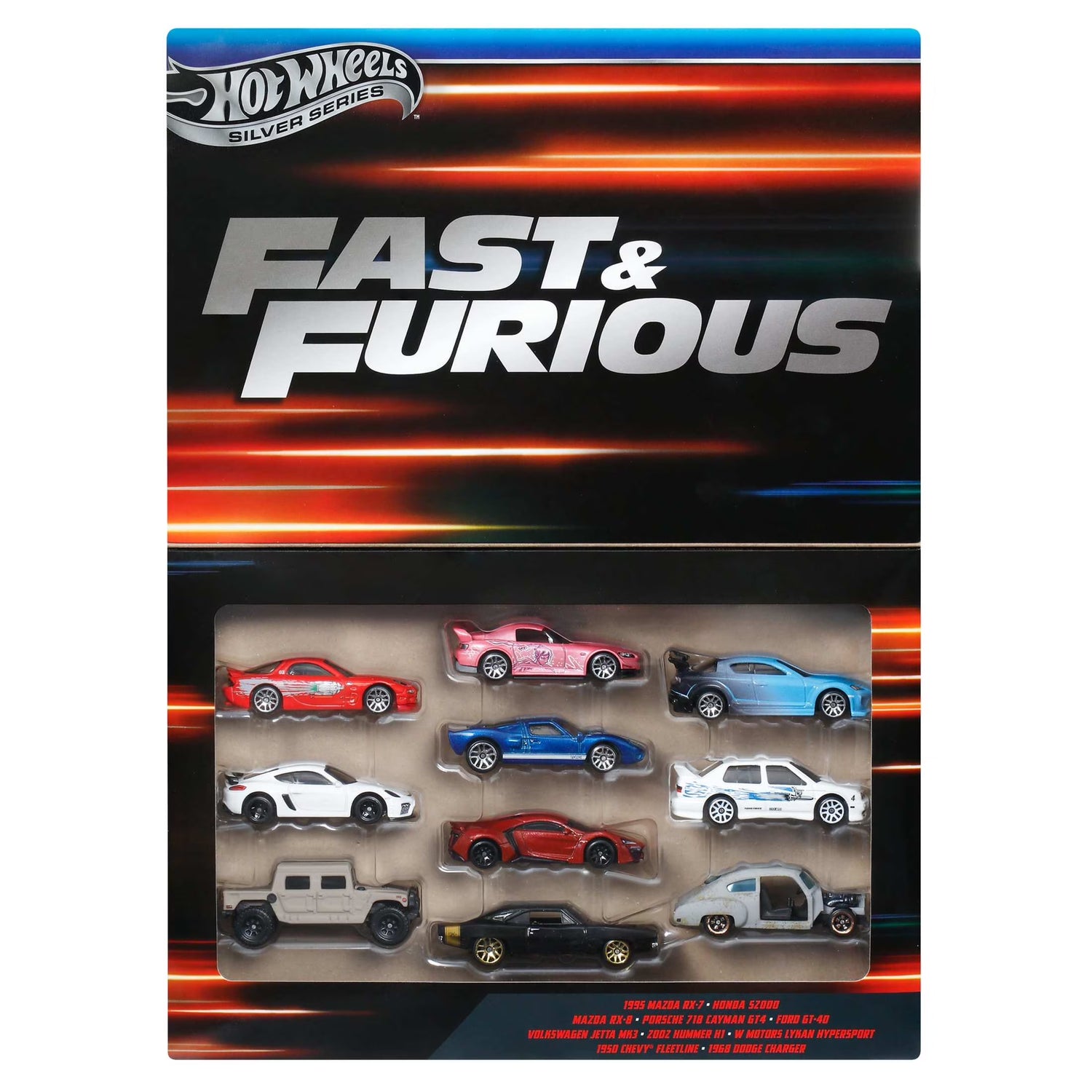 Set of 10 Fast & Furious 1:64 scale die-cast cars featuring detailed models from the BYMRR train store collection.