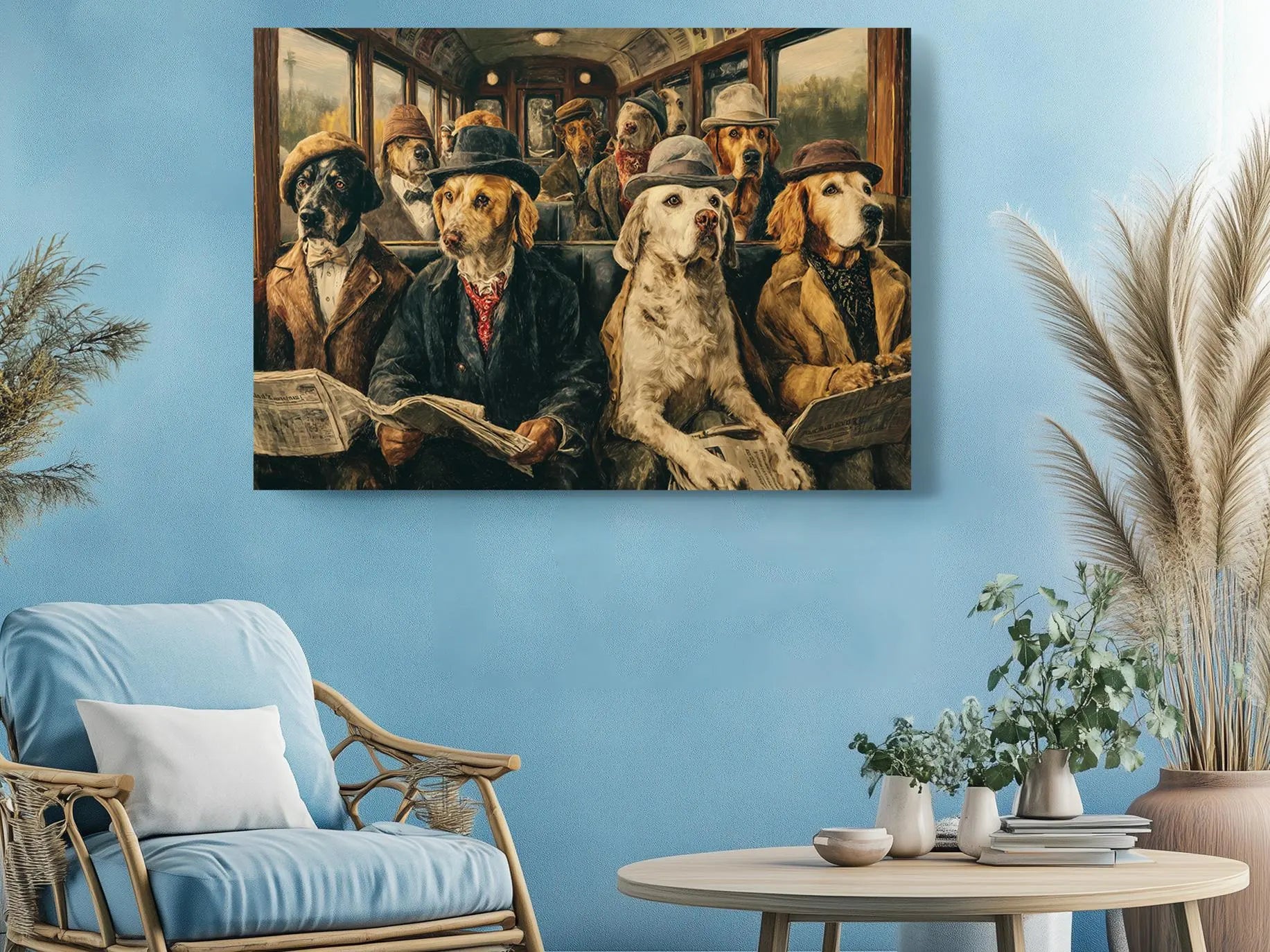 Dogs on a Train Canvas Wall Art: Vintage-Inspired Dog Portraits - Available Framed or Rolled, Premium Durable Canvas for Office and Home Decor