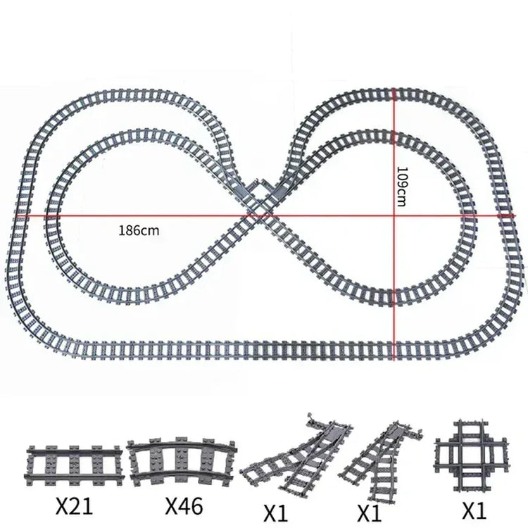 50-piece BYMRR Train Store city train track rail set with straight rails and building blocks for kids’ classic model train play.