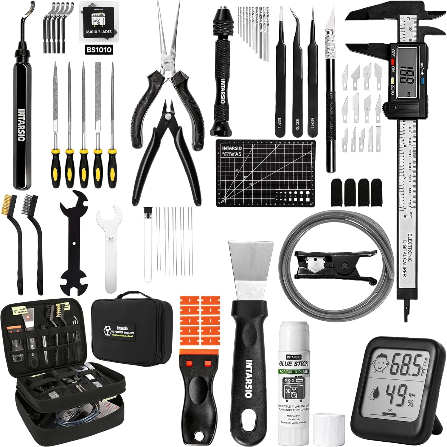 68-Piece 3D Printer Tool Kit with Storage Case - Comprehensive Accessories Including Deburring Tool, Scrapers, Metal Files, Brushes, Hand Drill, and Tweezers for Bambu Lab, Ender 3, Kobra, and More