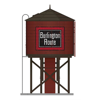 Weathered HO scale CB&Q water tower with sound, BLI7916 model, for model train layouts, featuring realistic weathering details.