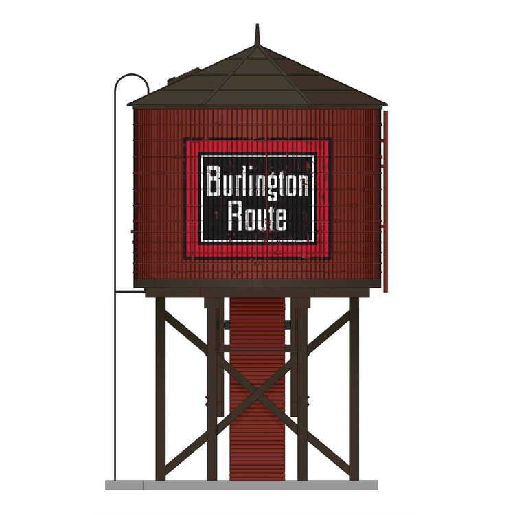 Weathered HO scale CB&Q water tower with sound, BLI7916 model, for model train layouts, featuring realistic weathering details.