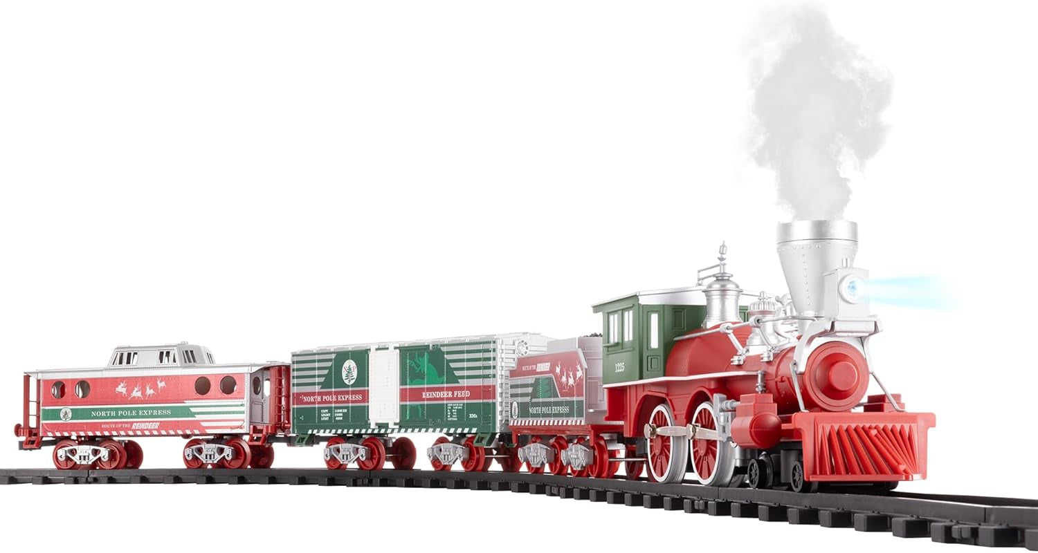 Lionel North Pole Express O Gauge Battery-Powered Toy Train Set with Remote Control, Locomotive, Cars, Track, Authentic Sounds, Lights, and Water Vapor Smoke Effects for Children Ages 4 and Up