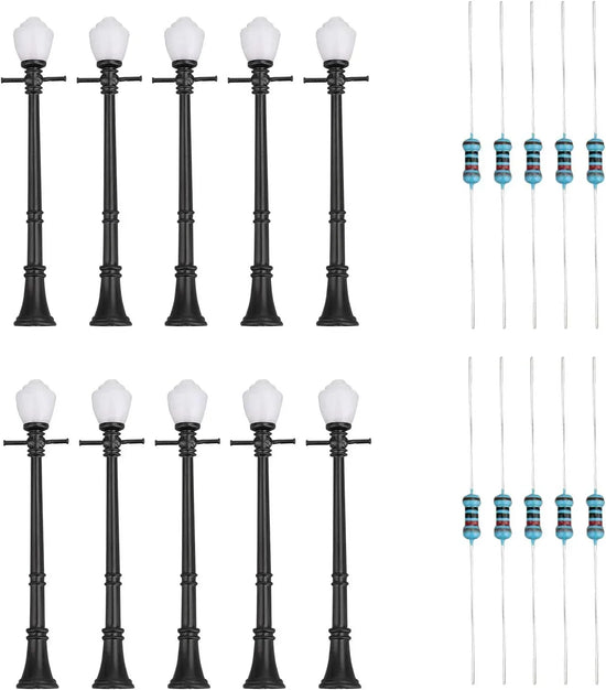Artudatech 10-piece LCX04 model railway lamppost set with O scale LEDs, realistic street lights for model train layouts.