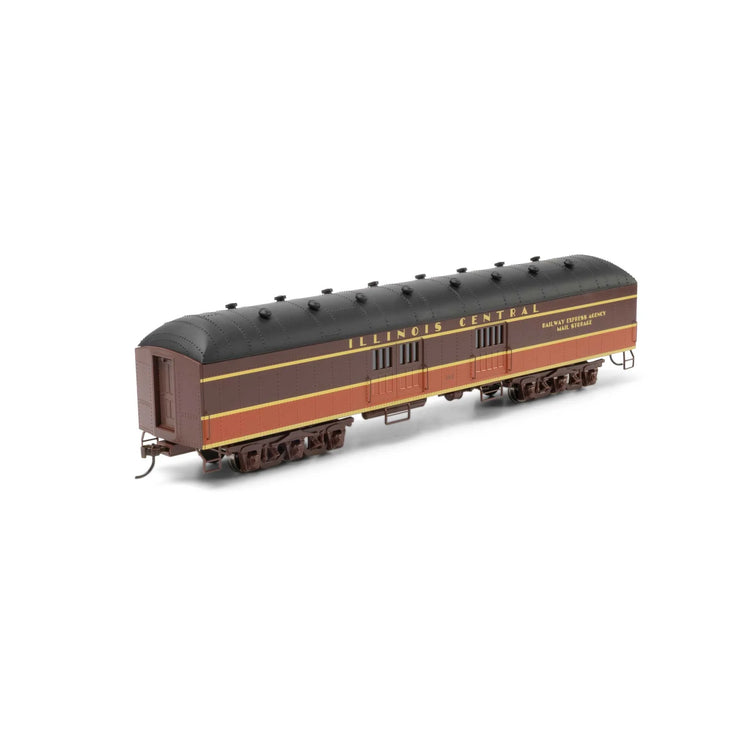 HO scale Illinois Central baggage car with arch roof, ready-to-roll model by BYMRR Train Store, front view showing detailed lettering