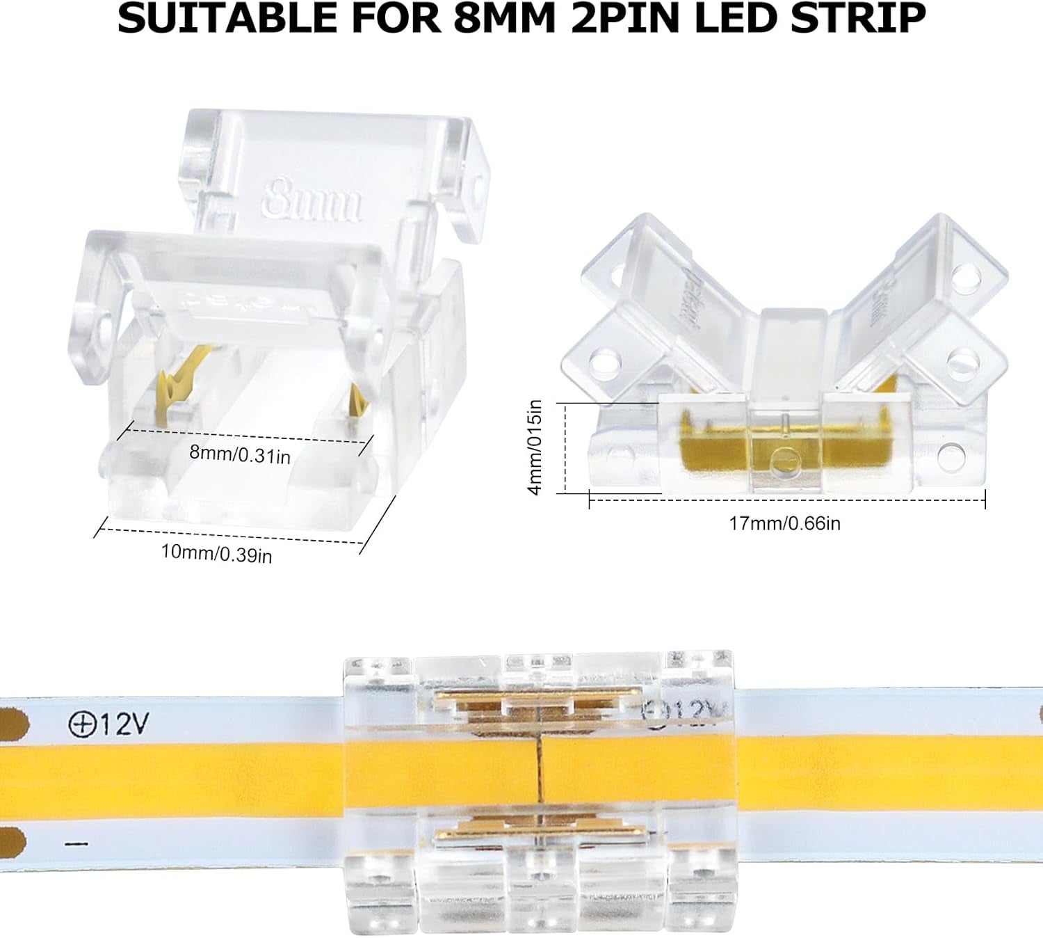 Lightingwill 2-Pin 8mm LED Connectors - 10 Pack Solderless Transparent Strip-to-Strip Connectors for COB/SMD 2835 3528 Single Color LED Strips, Ensuring No Dark Areas