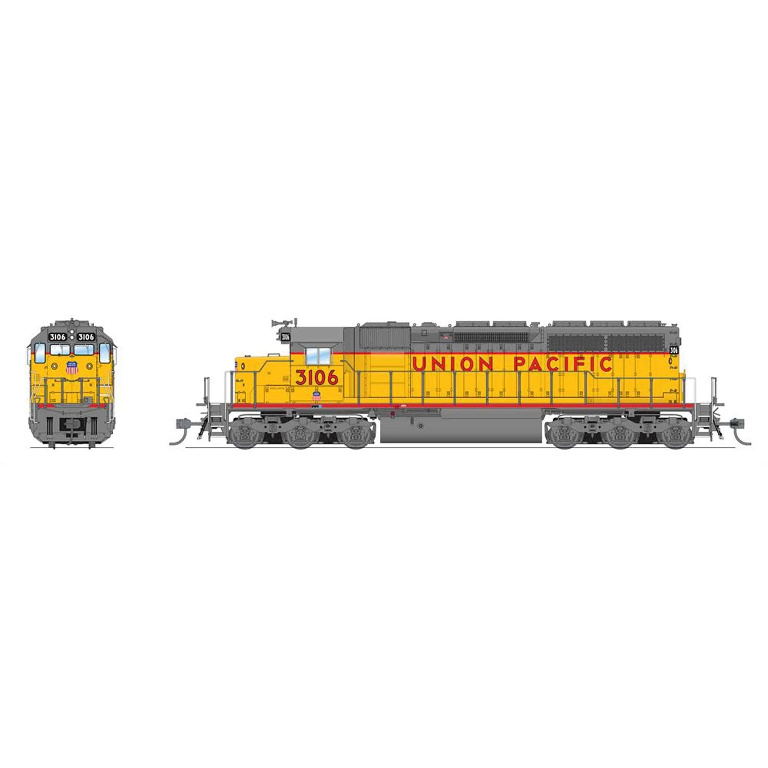 Yellow and gray HO scale EMD SD40 locomotive model in DCC without sound, detailed replica showcasing locomotive details.
