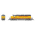 Yellow and gray HO scale EMD SD40 locomotive model in DCC without sound, detailed replica showcasing locomotive details.