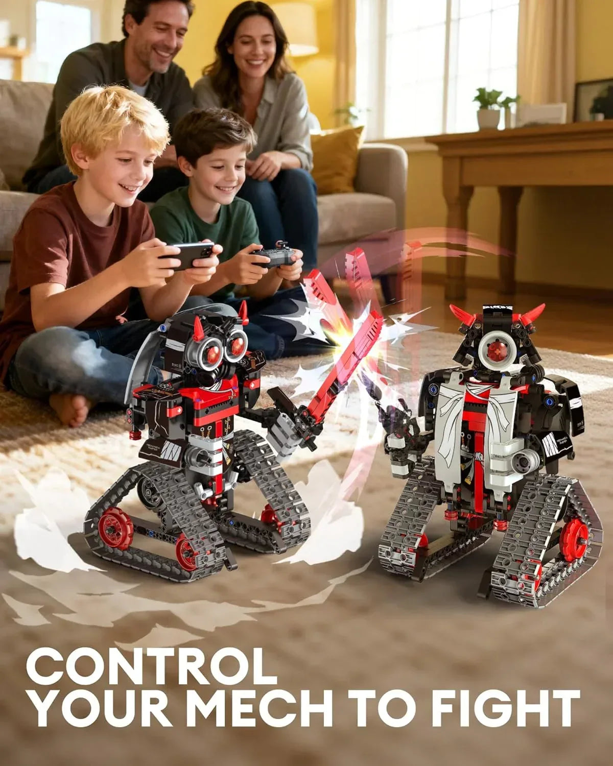 Opmind 5-in-1 STEM remote-controlled robot building kit with app, samurai and ninja blocks, 419-piece educational DIY set for kids
