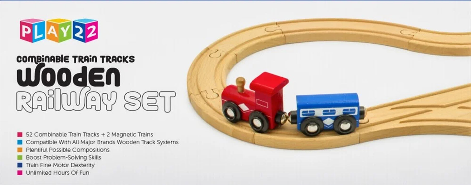 Kids Woden Train Track Set with 2 Bonus Toy Trains, 52 Count