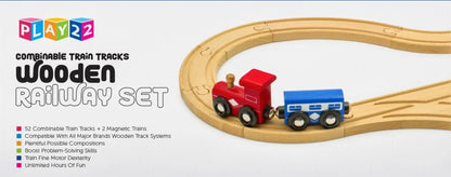Kids Woden Train Track Set with 2 Bonus Toy Trains, 52 Count