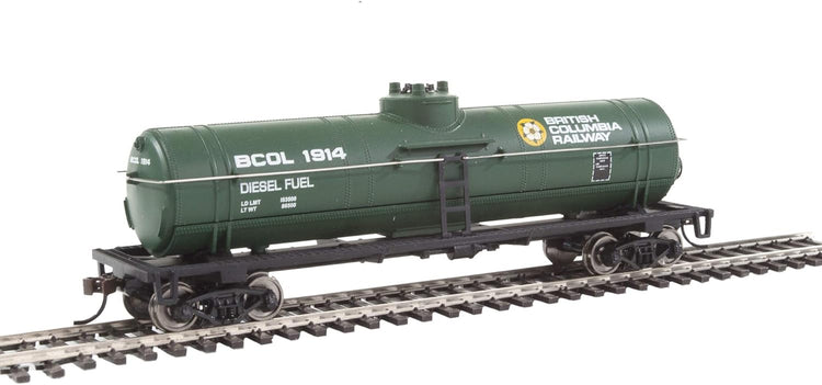 HO scale British Columbia Railway ready-to-run tank car in green, yellow, and white with Dogwood logo, model 931-1441.