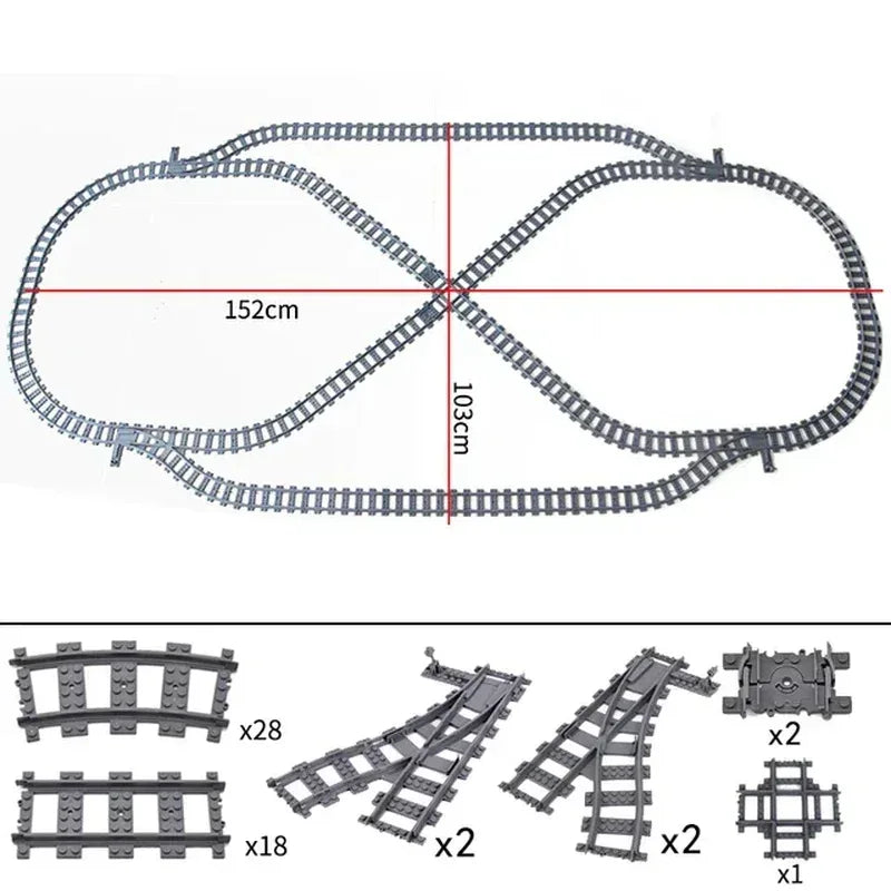 50-piece BYMRR Train Store city train track rail set with straight rails for kids, includes building blocks for model train layouts.