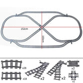 50-piece BYMRR Train Store city train track rail set with straight rails for kids, includes building blocks for model train layouts.