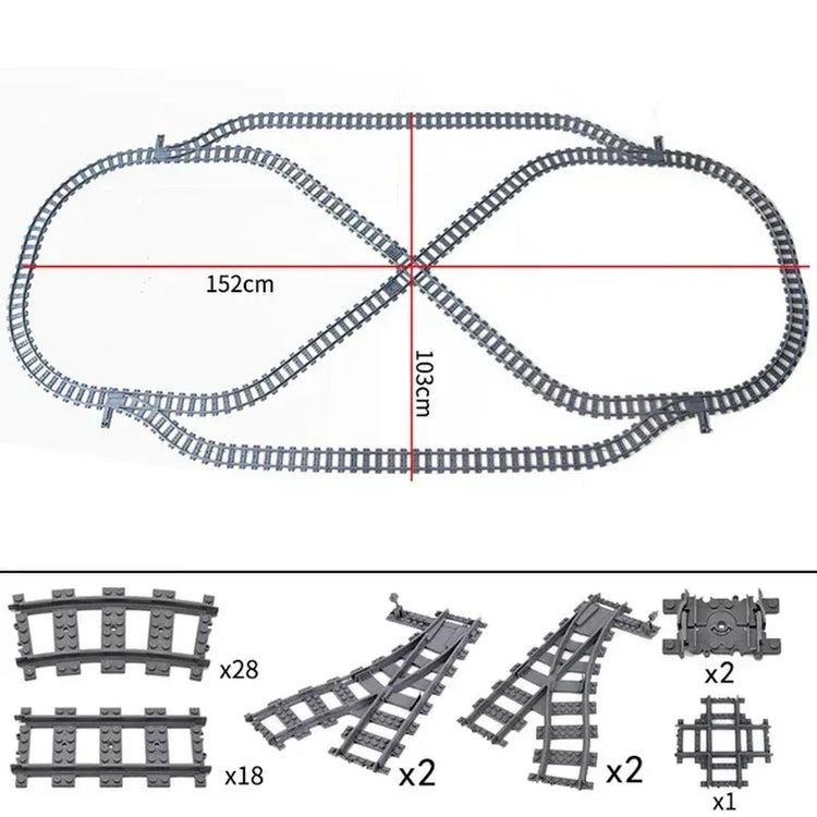 50-piece BYMRR Train Store city train track rail set with straight rails for kids, includes building blocks for model train layouts.