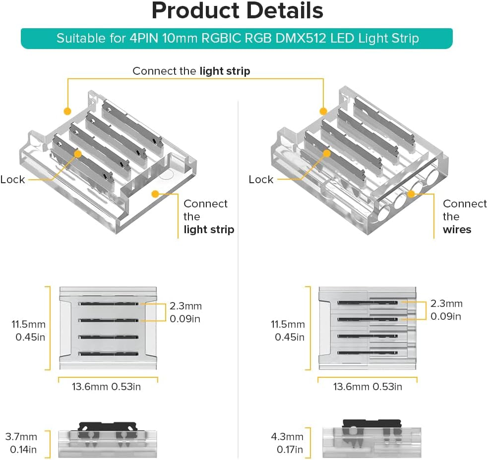 BTF-LIGHTING 4-Pin 10mm Transparent Connector Kit with Gapless Solderless Connectors and Extension Wires for WS2815, WS2813, and Other SMD LED Strips