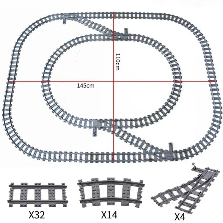 50-piece BYMRR Train Store city train track rail set with straight rails and building blocks for kids’ classic model train play