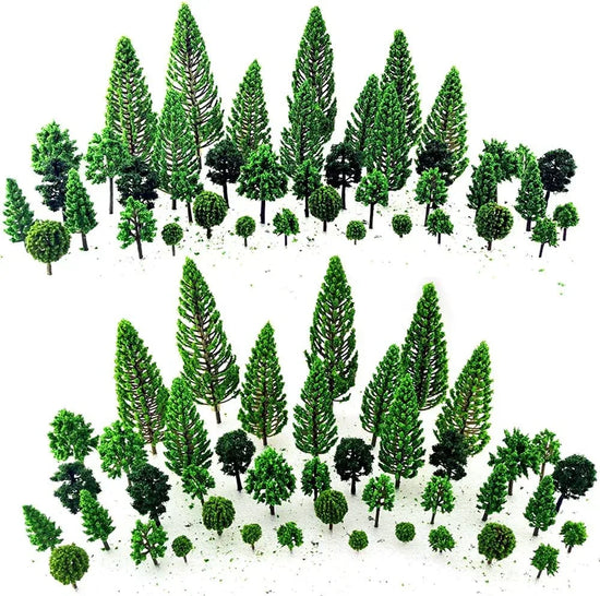 Set of miniature trees and bushes for dioramas and scenic models, featuring woodland and railroad scenery details by SaktopDeco