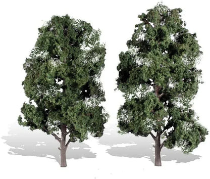 Set of two Woodland Scenics cool shade trees, 8-9 inches tall, with lush green foliage and detailed trunk textures.