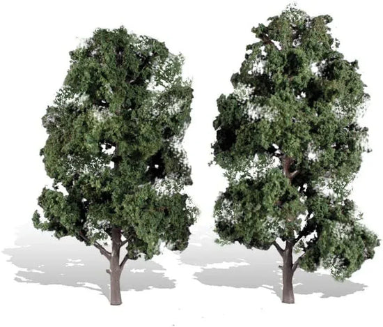 Set of two Woodland Scenics cool shade trees, 8-9 inches tall, with lush green foliage and detailed trunk textures.
