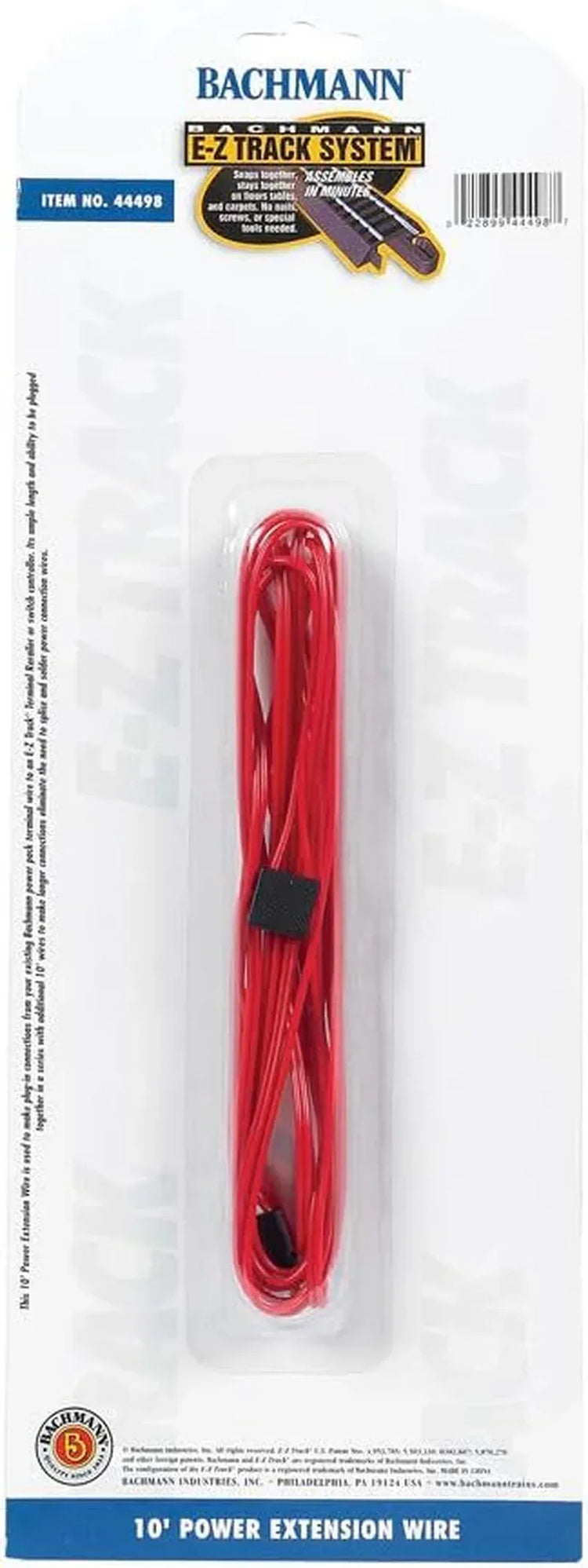 Red Bachmann Trains E-Z Track 10-foot power extension wire for model train layouts, suitable for ages 14 and up.