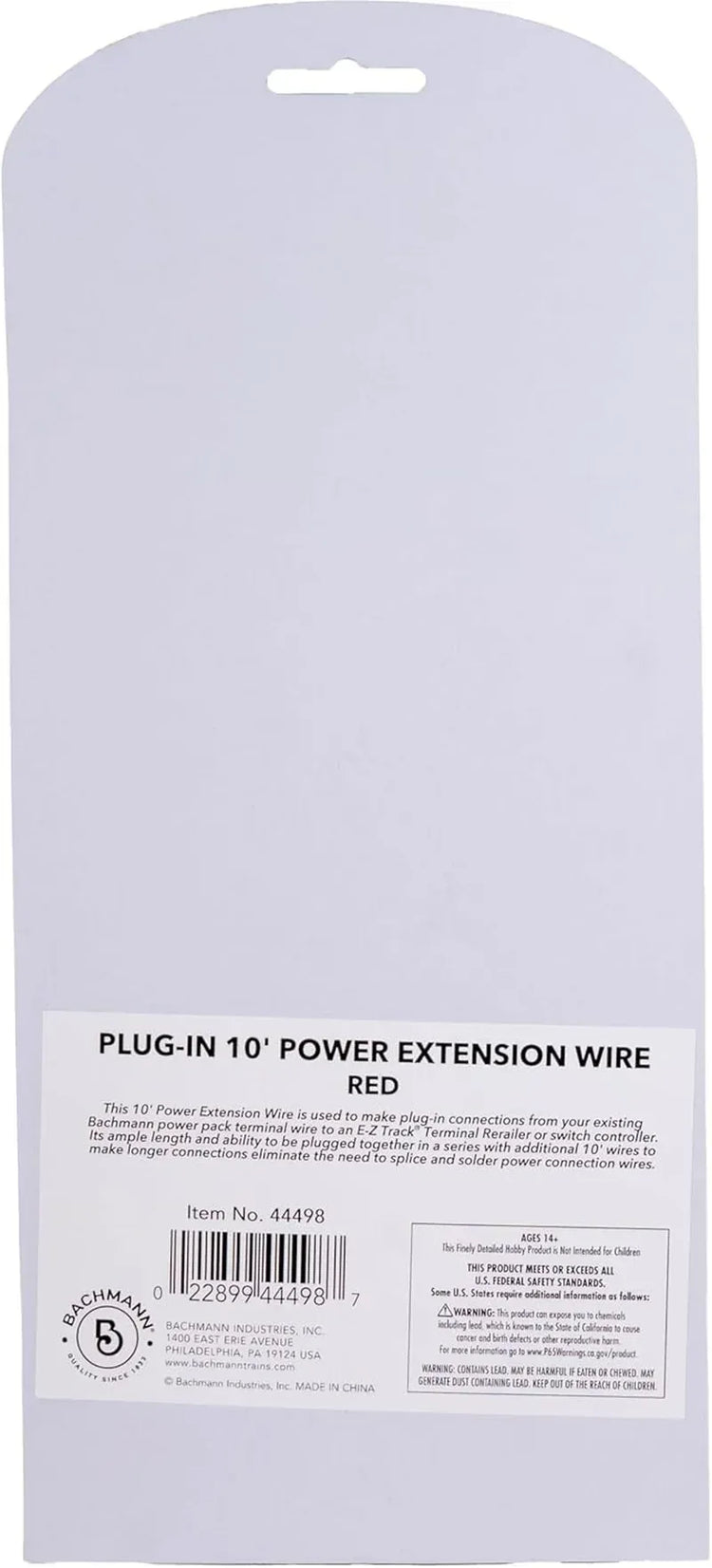 Red Bachmann Trains E-Z Track 10-foot power extension wire for model railroads, suitable for ages 14 and up.