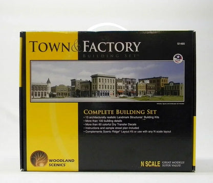N scale Woodland Scenics town and factory building set with detailed miniature structures for model train layouts.