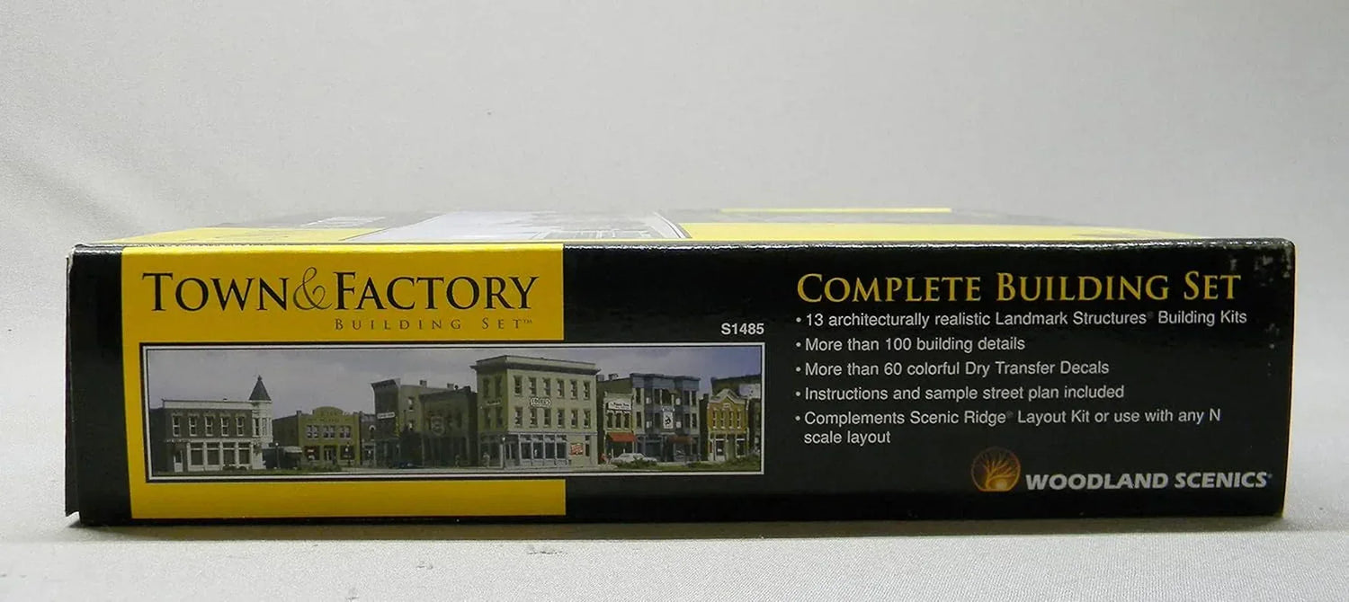 N scale Woodland Scenics town and factory building set featuring detailed miniature buildings for model train layouts.