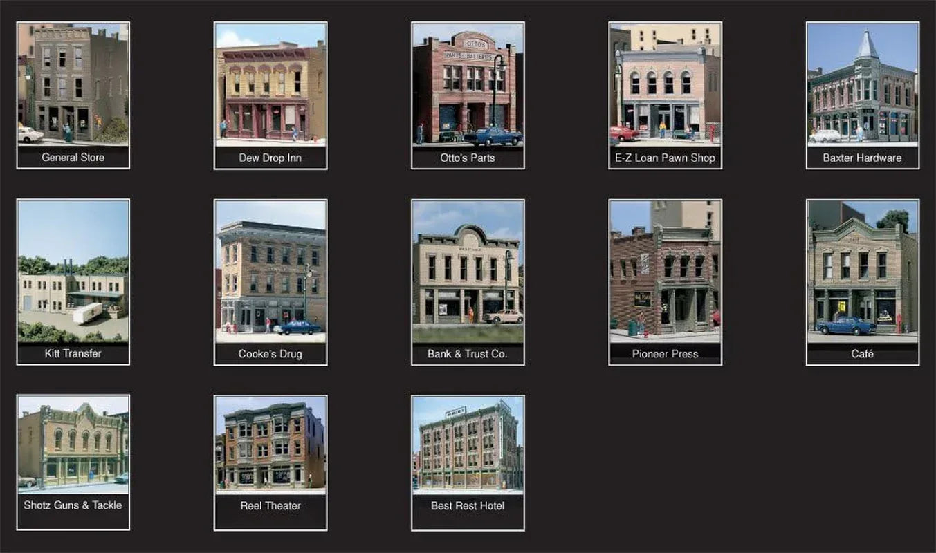 N scale town and factory building set by Woodland Scenics, detailed miniature structures for model train layouts.
