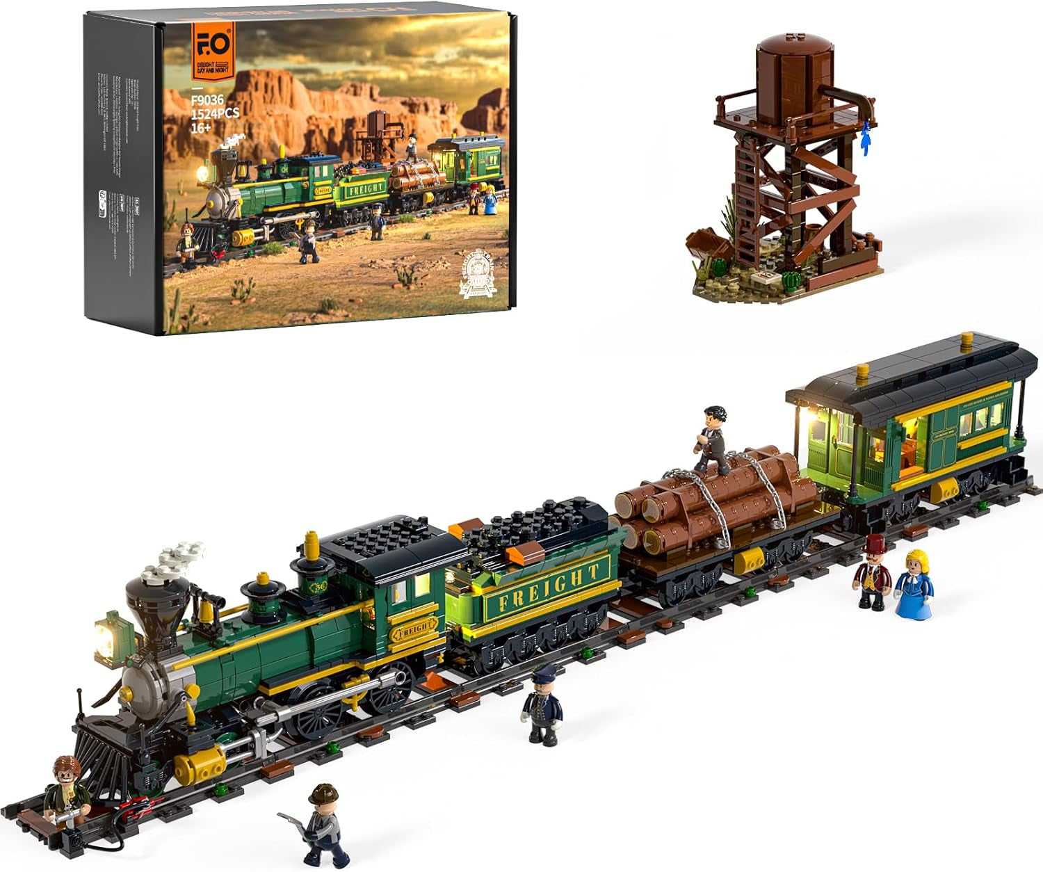 Funwhole Wild West Freight Train Lighting Building Bricks Set - Classic 4-4-0 Locomotive Model, 1524 Pieces Construction Kit for Adults and Teens