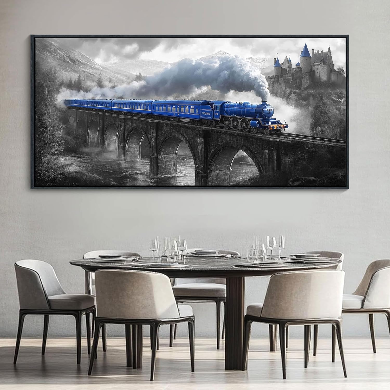 JEAWA Large Framed Canvas Painting - Blue White Gray Landscape Wall Art, Picture with Castle Bridge Train, Modern Art Prints for Living Room Bedroom Home Decoration, 29X58 IN