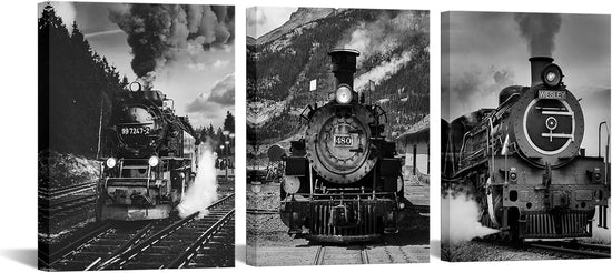 Vintage black and white steam locomotive canvas artwork, 12x16 inch wall decor featuring classic train scene.