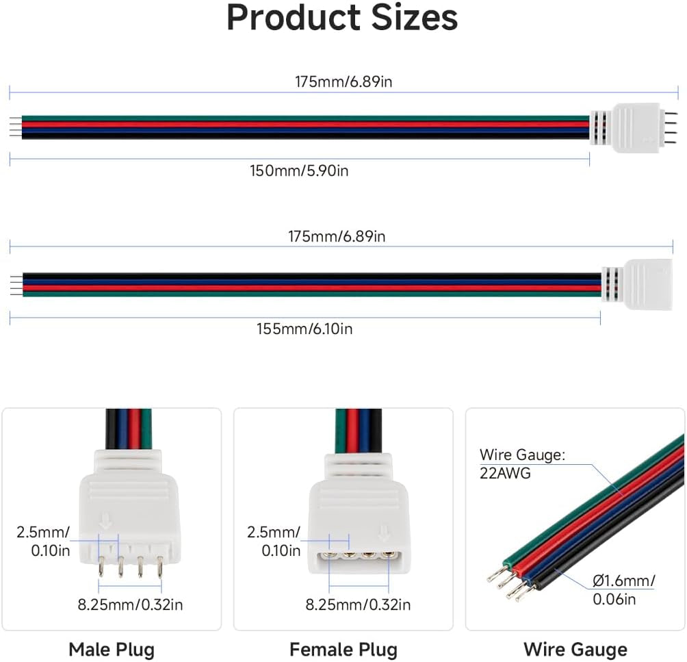 BTF-LIGHTING 10 Pairs 17cm 4-Pin JST SM 22AWG Wire Cable Male/Female Connectors for FCOB COB RGB LED Strip Lighting