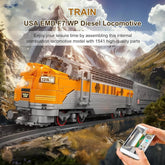 Mould King 12018 train building block kit featuring a detailed model train with colorful wheels and intricate design.