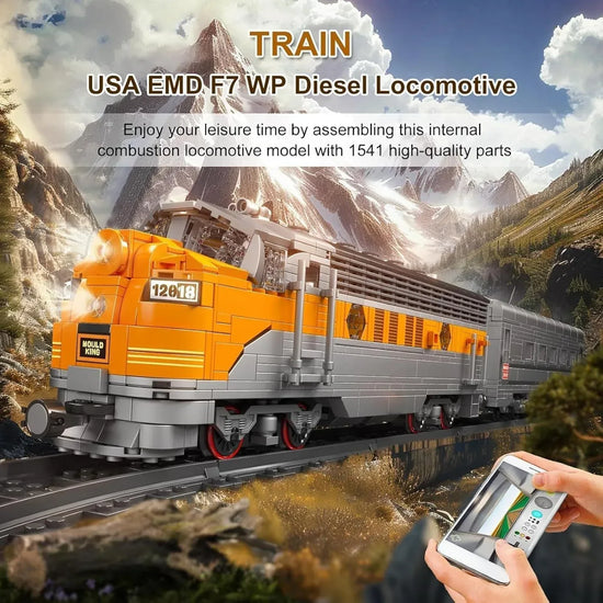 Mould King 12018 train building block kit featuring a detailed model train with colorful wheels and intricate design.