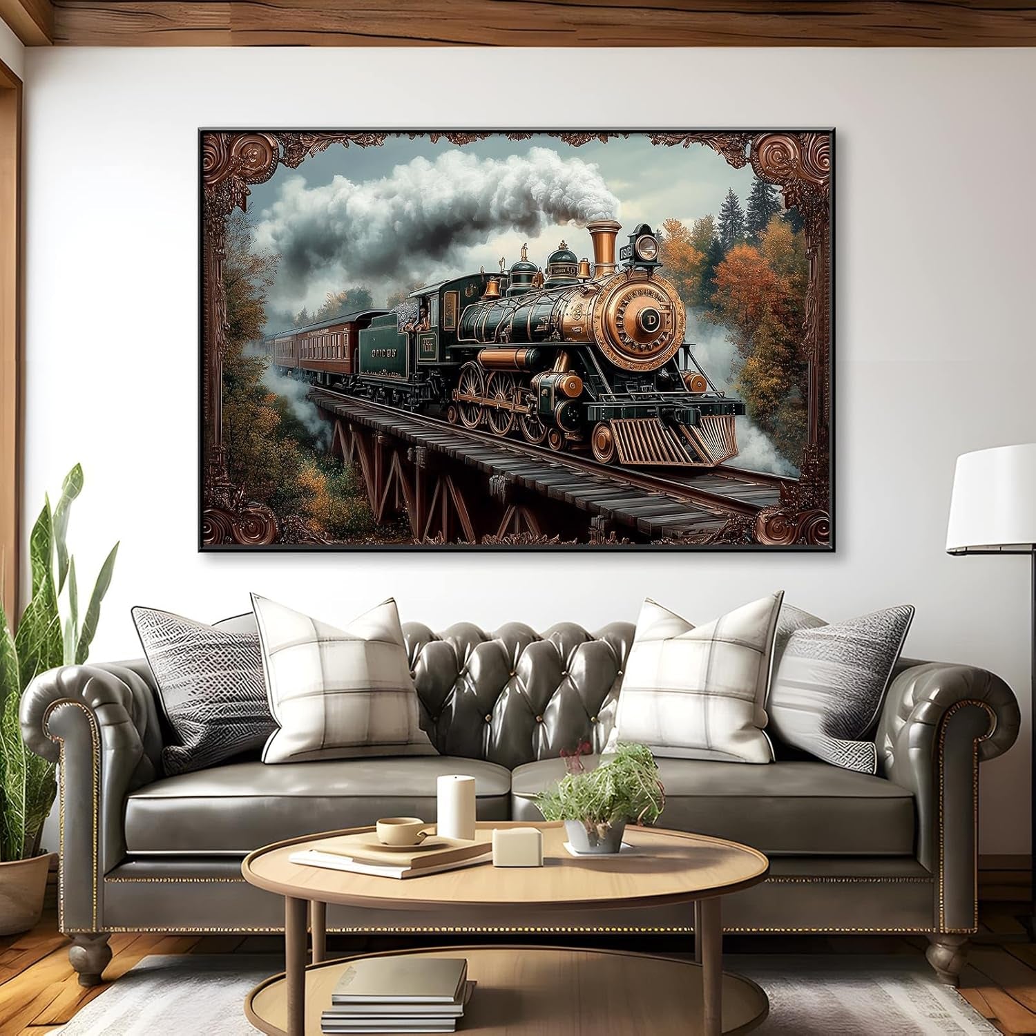 Vintage Steam Train Canvas Wall Art, Steampunk Locomotive Framed Canvas Print, Antique Train Wall Decor, Train Canvas Wall Art, Steam Train Poster, Living Room Bedroom Wall Decor (Black Framed, 36"X24" | 92X62Cm)