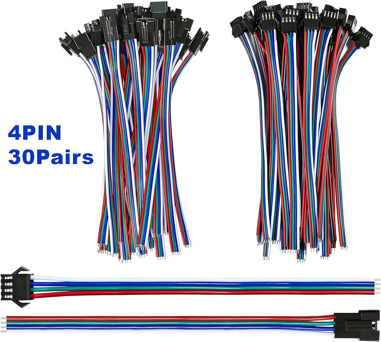 30 Pairs of JST SM 4-Pin Connectors (Female/Male) with 20AWG Wire and 15Cm Cable for LED Strip RGB 5050, 3528, WS2801, APA02, WS2813, WS2815