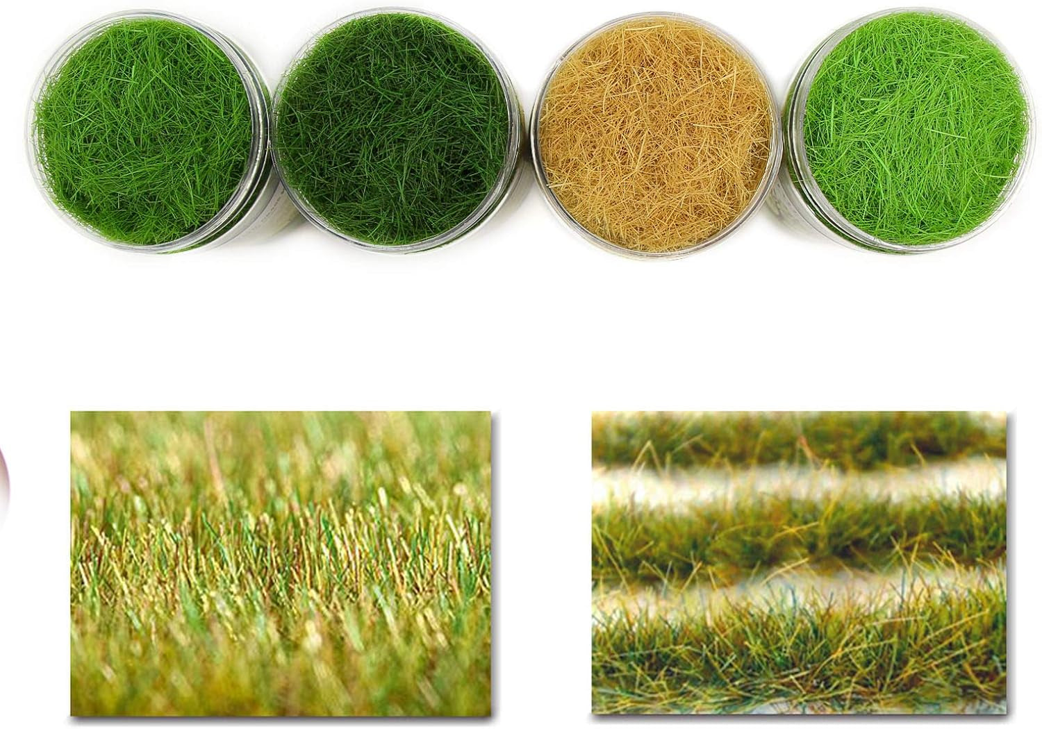 CFA4 4 x 300ml Mixed 12mm Static Grass Terrain Powder - Green Artificial Grass for Fairy Gardens, Miniatures, Landscapes, and Model Railway Layouts