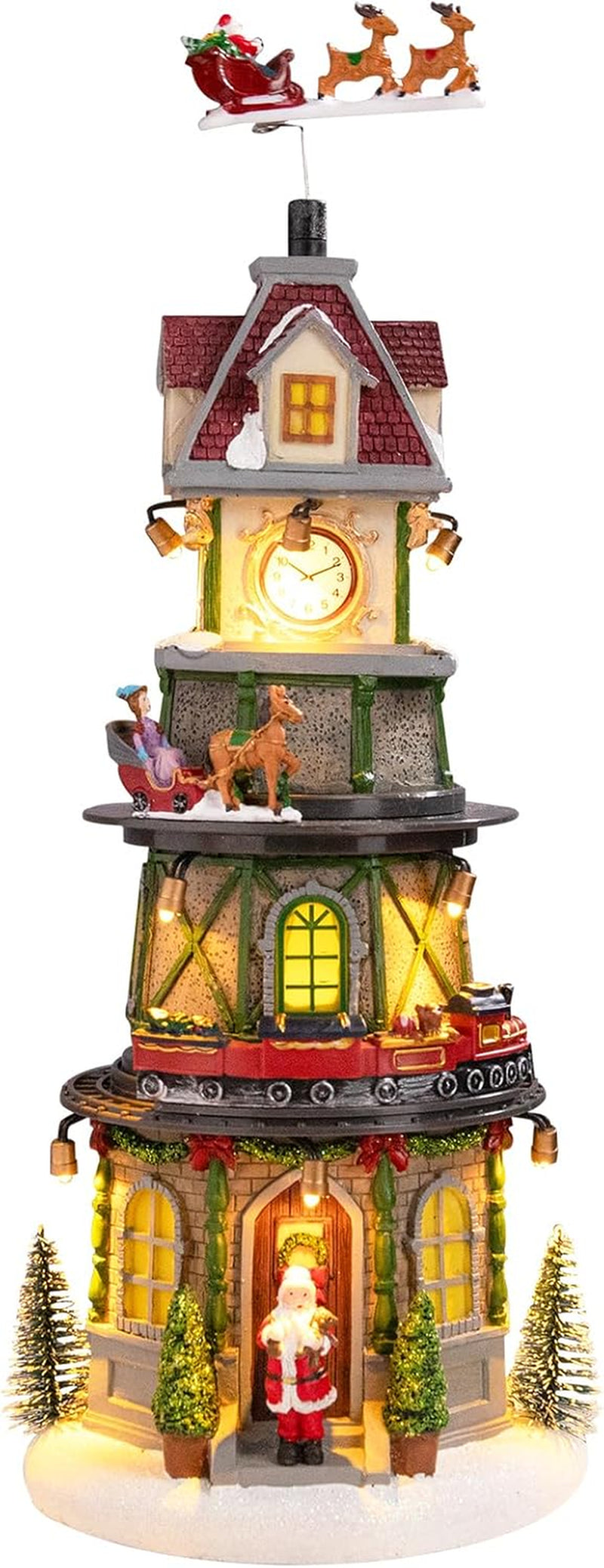 Animated Christmas Village Clock Tower with Reindeer, Train, and Illuminated Features