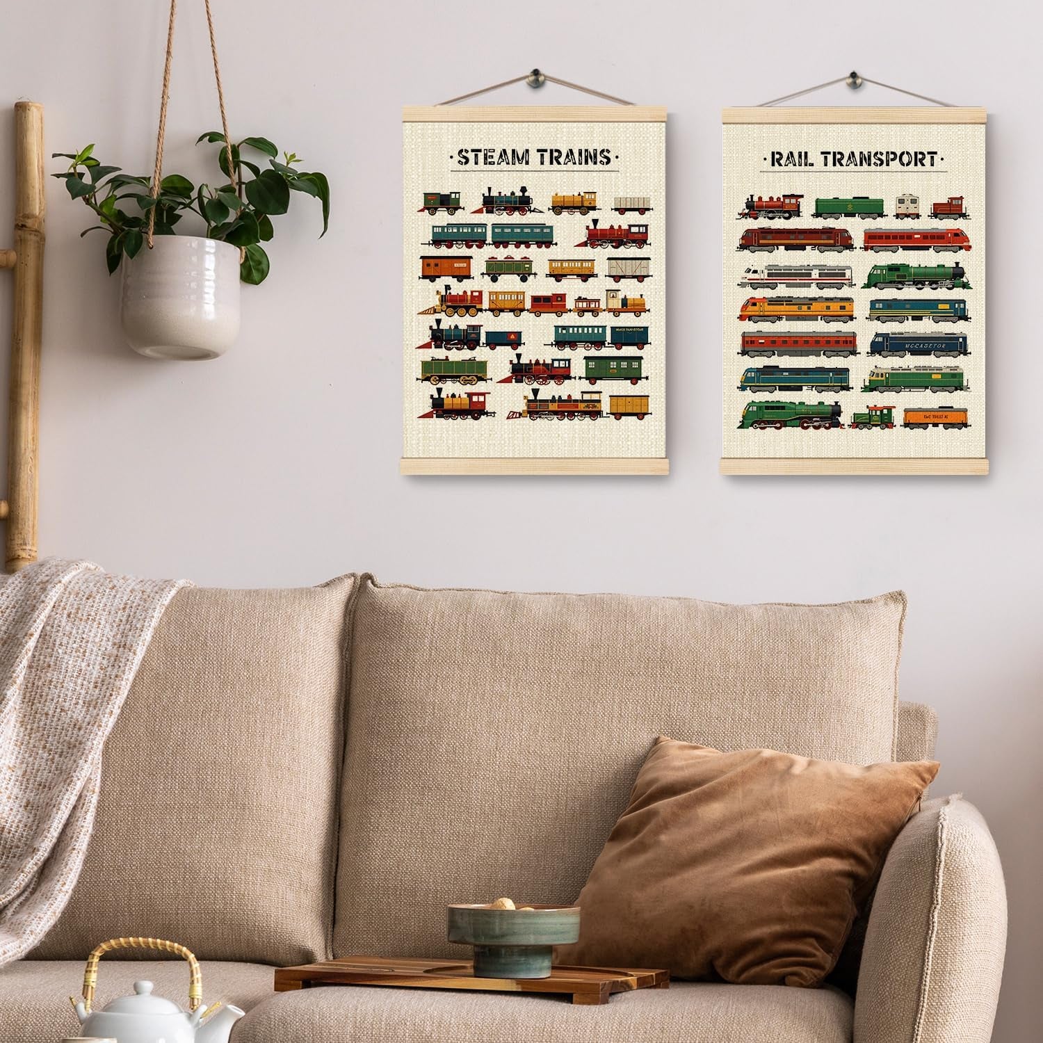 HKTZM Steam Trains Wooden Poster Hanger Frame 12.5×17 Inch,Vintage Train Locomotives Rail Transport Hanging Wall Poster for Toddler Boy Room Playroom Nursery,Set of 2