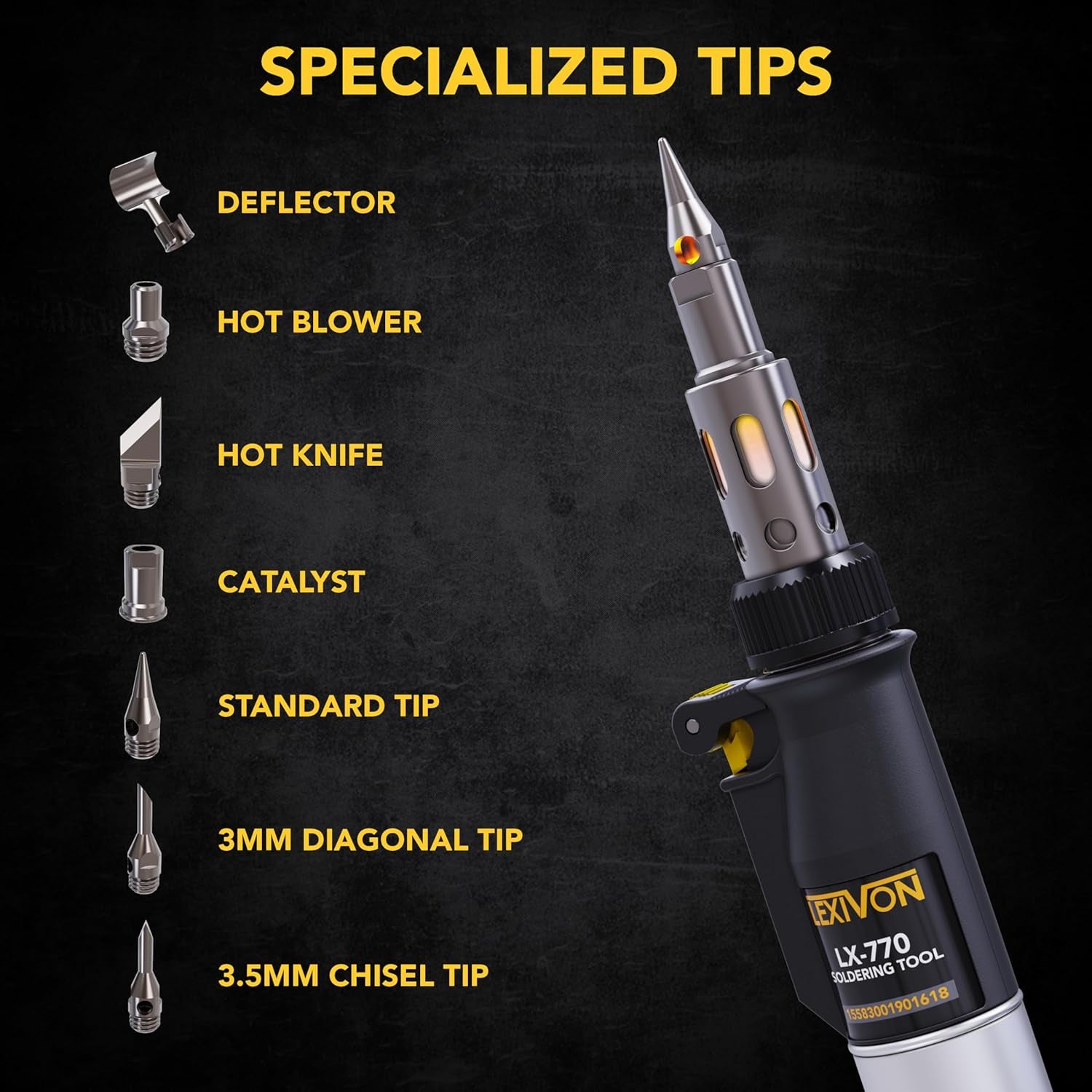 LEXIVON Professional Butane Soldering Iron Multi-Purpose Kit | Cordless Self-Igniting Adjustable Flame with 7-Tip Set | 125-Watt Equivalent (LX-770)