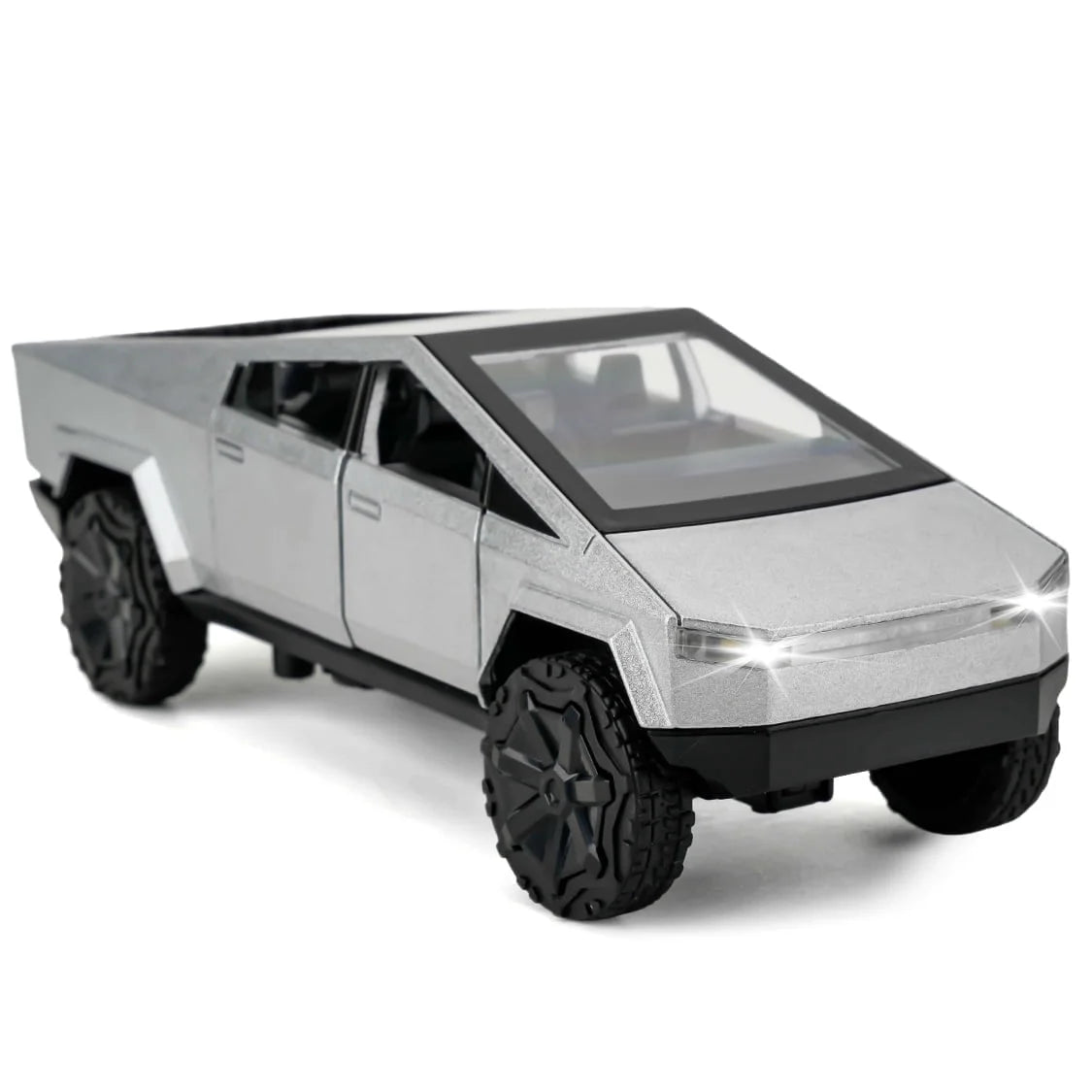 Silver 1:36 scale diecast Cybertruck toy car by BYMRR Train Store, pull-back model for collectors and children ages 3 and up