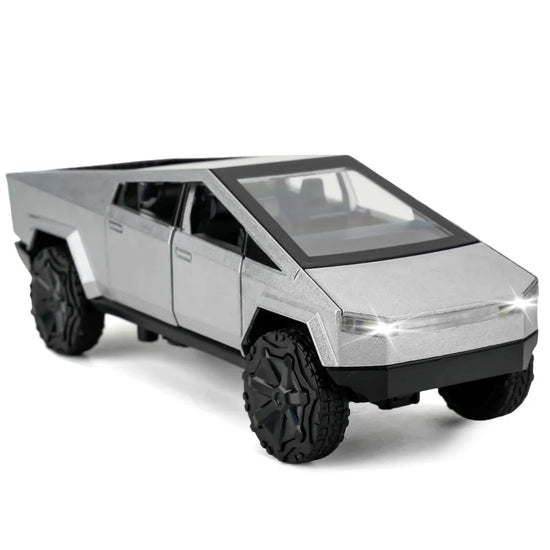 Silver 1:36 scale diecast Cybertruck toy car by BYMRR Train Store, pull-back model for collectors and children ages 3 and up