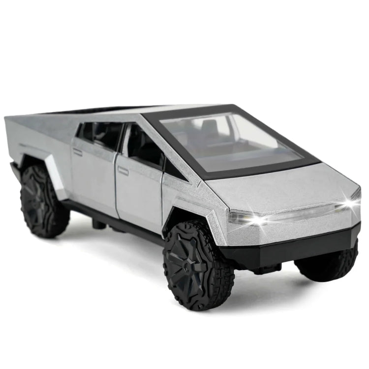 Silver 1:36 scale diecast Cybertruck toy car by BYMRR Train Store, pull-back model for collectors and children ages 3 and up