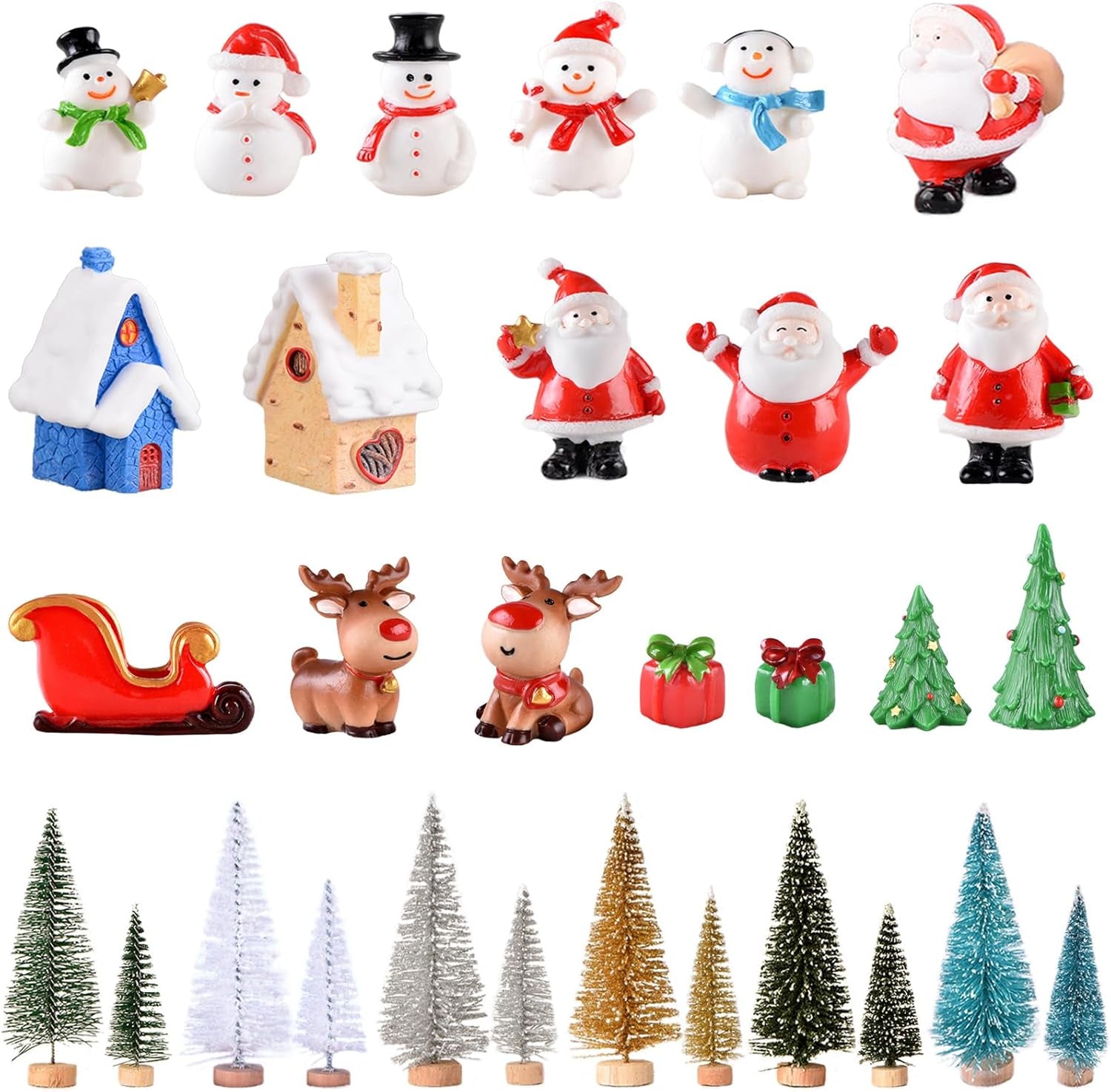 17-Piece Christmas Miniature Figurine Set - Resin Ornaments Including Santa Claus, Snowman, Reindeer, and Christmas Tree for Crafting, Garden Decor, Tabletop Displays, Snow Globes, Dollhouses, and Holiday Party Favors