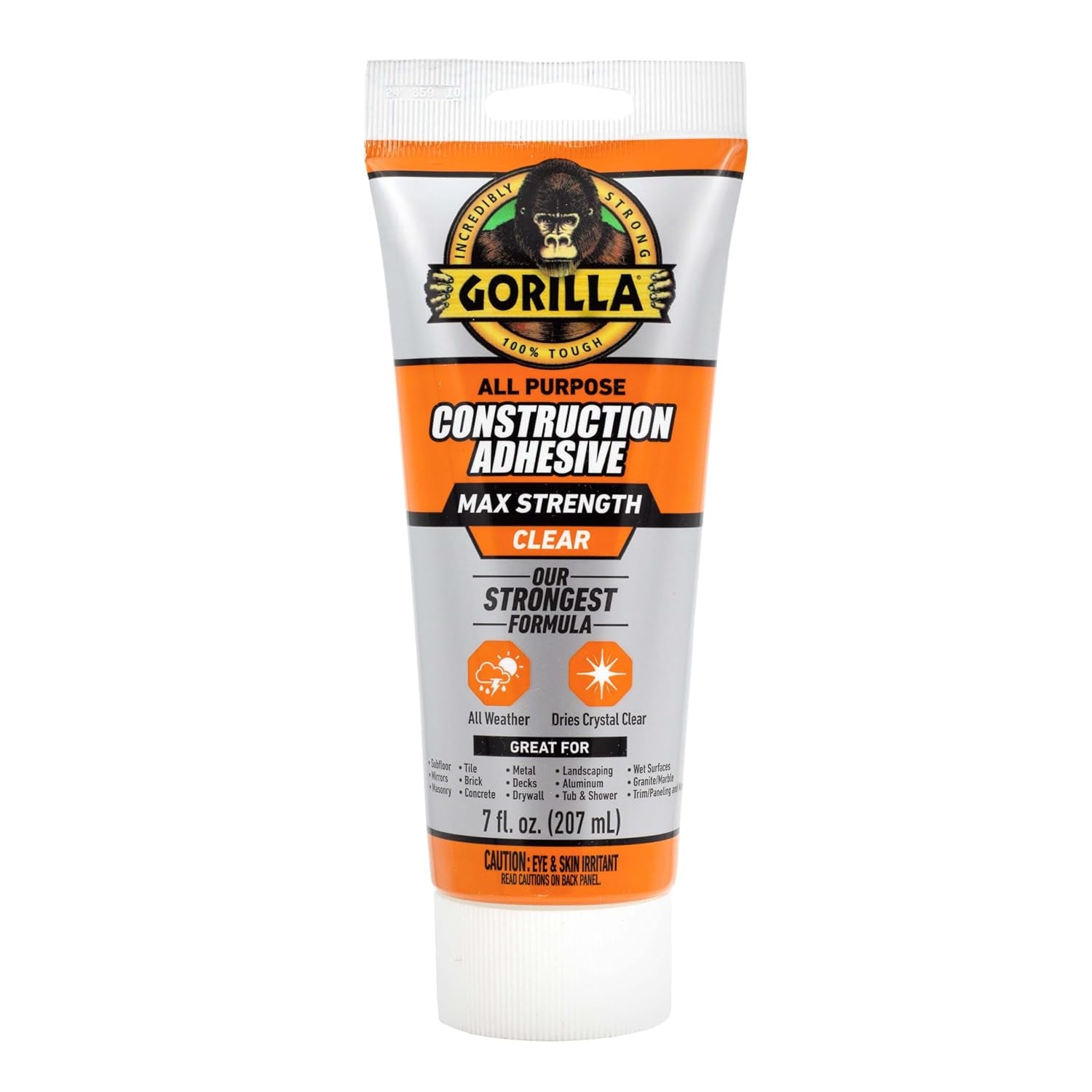Gorilla Max Strength Construction Adhesive, Clear, 7 oz Squeeze Tube - Waterproof and Gap Filling Solution